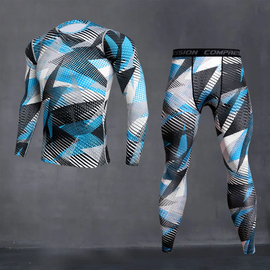 set Камуфляжная спортивная одежда мужской беговой костюм компрессионная одежда быстросохнущая Спортивная тренировочная футболка с длинными рукавами Weat брюки комплект из 2 предметов - Цвет: set