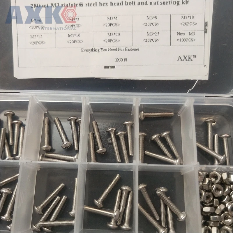 AXK 280 шт./компл. M3 Шестигранная головка из нержавеющей стали винты болты гайки