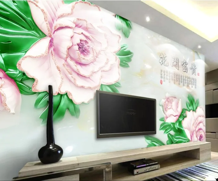 

Customized wallpaper mural Chinese style 3D natural scenery with flower jade carving behind sofa as background in living room