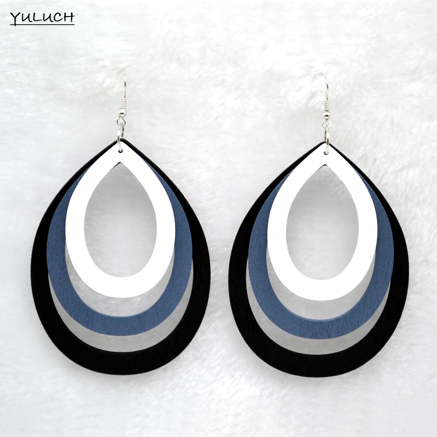 Новинка 2016 г. деревянные серьги с подвесками в виде листьев трехцветные длинные