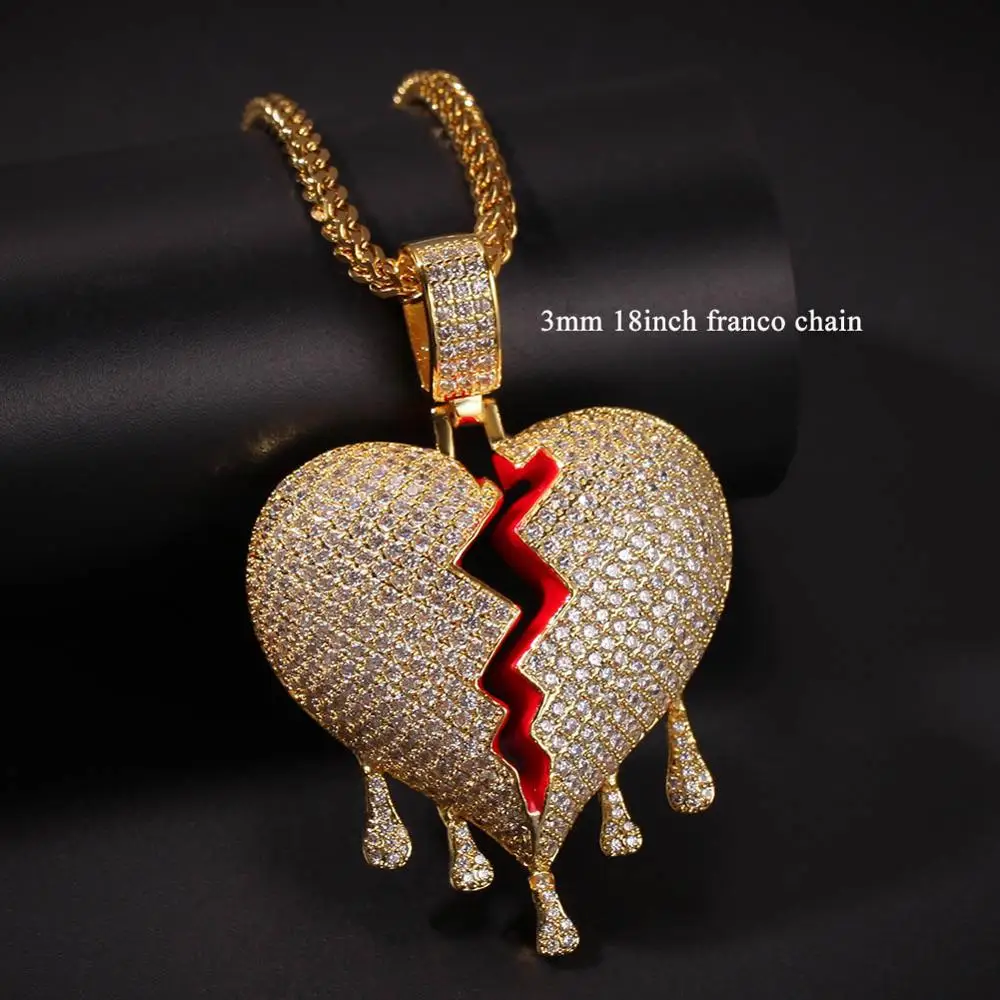 Хип-хоп AAA CZ кубический цирконий Bling Iced Out сломанная вода падение Сердце Подвески ожерелье для мужчин раппер ювелирные изделия золото серебро - Окраска металла: 18inch franco chain