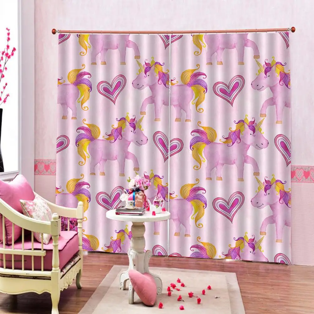 Шторы розовые с единорогом на окна тонкие декоративные занавески для гостиной
