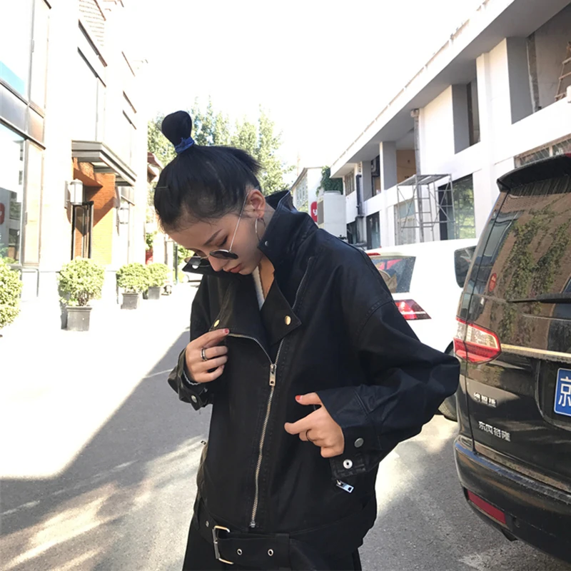 QoerliN Повседневное искусственной кожи Куртка Для женщин Harajuku осень-зима молнии