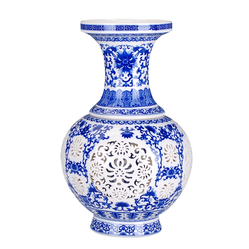 

Blue and white ceramic porcelain ivory hollowed vases