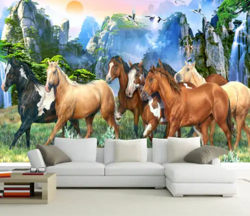 

[Self-Adhesive] 3D Horse Group Meadow Waterfall Mountain 22 Wall Paper mural Wall Print Decal Wall Murals