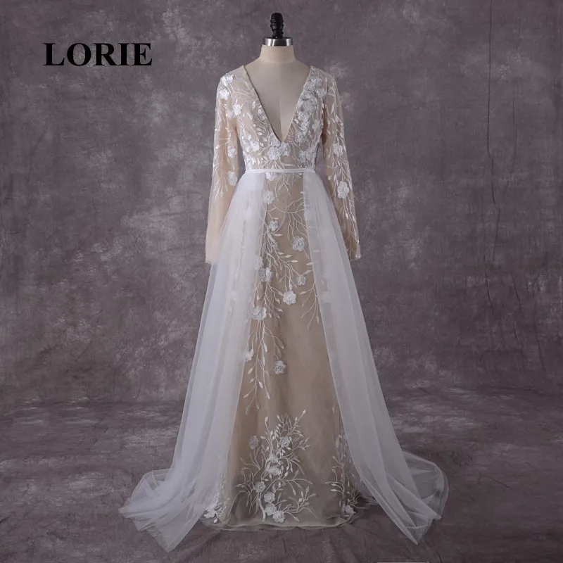 LORIE/кружевное свадебное платье с длинными рукавами, большие размеры, съемный шлейф, v-образный вырез, индивидуальный заказ, свадебные наряды Русалка, платье невесты