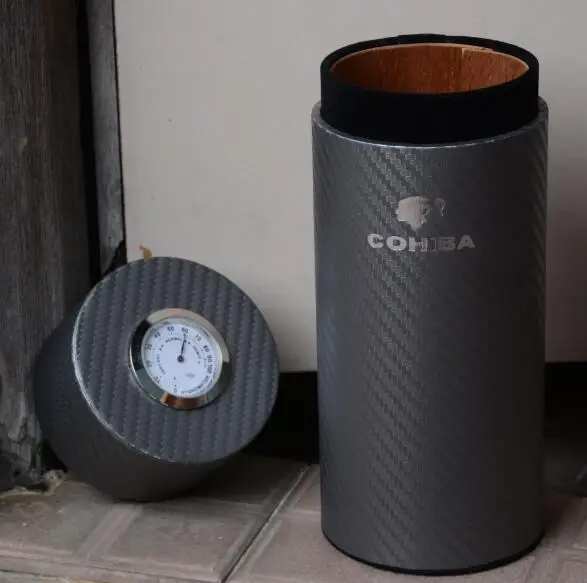 COHIBA Дорожный Чехол для сигар из углеродного волокна и дерево кедра с подкладкой, мини-гигрометр с длинным увлажнителем - Цвет: GRAY
