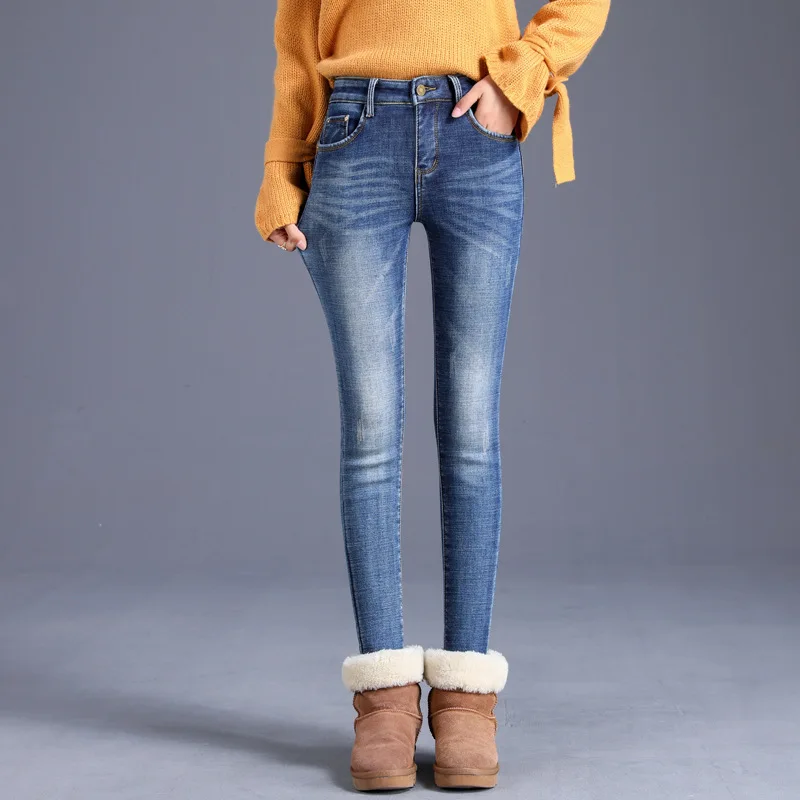 2019 Winter Jeans Women Gold Fleeces Inside Thickening Denim Pants High Waist Warm Trousers Female Snow | Женская одежда
