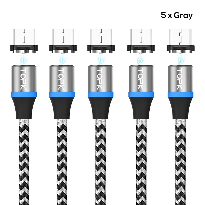TOPK [5-Pack] RLine-R светодиодный магнитный кабель Micro USB для samsung - Цвет: 5 x Gray Cable