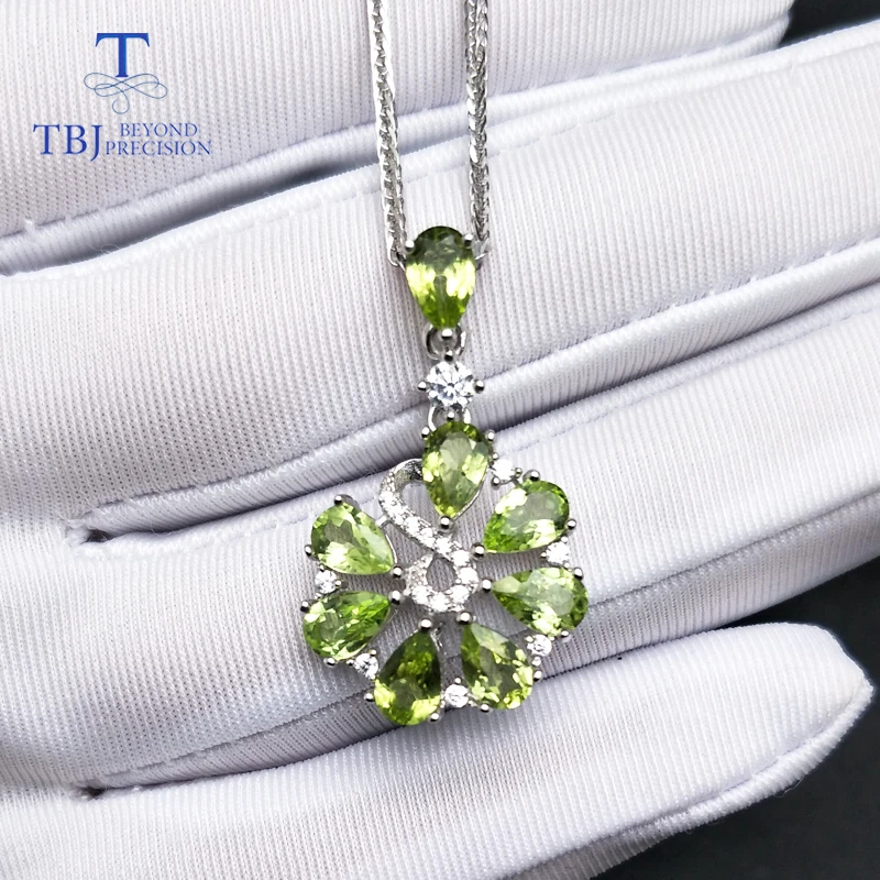 TBJ милый цветок кулон с натуральным зеленым Перидотом драгоценным камнем