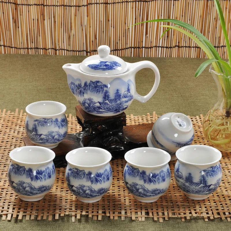 Jingdezhen 7 шт. чайный набор сине белый фарфор двойная настенная чашка креативный