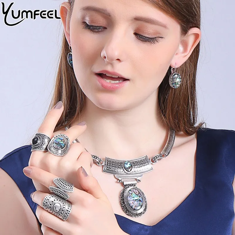 Yumfeel Винтажный набор украшений в стиле бохо, античный посеребренный корпус, колье, ожерелье, серьги, кольцо, ювелирные наборы для женщин