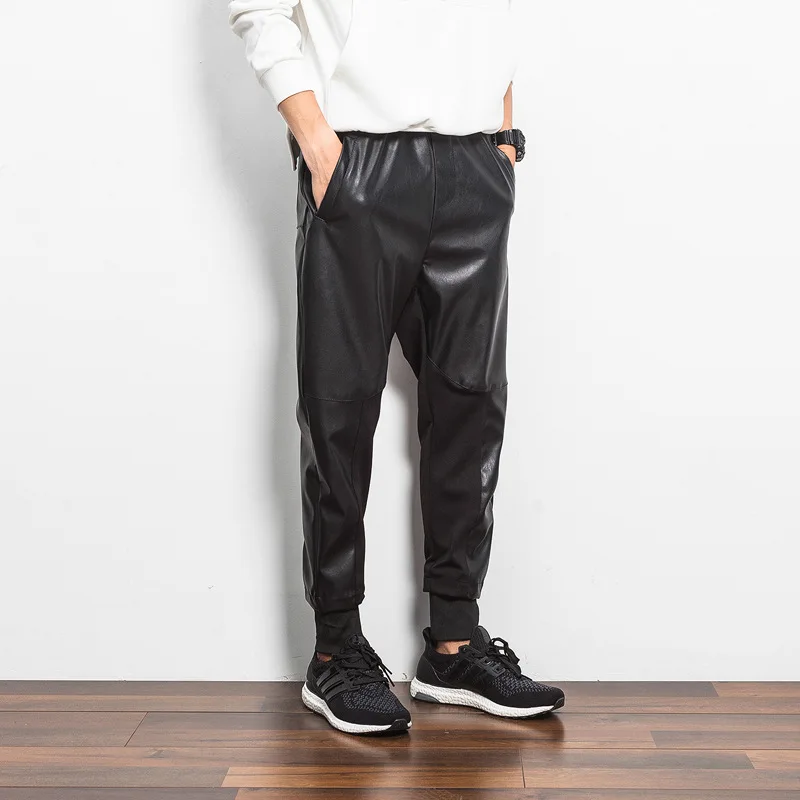 Мужские шаровары из искусственной кожи в стиле хип хоп черные спортивные брюки