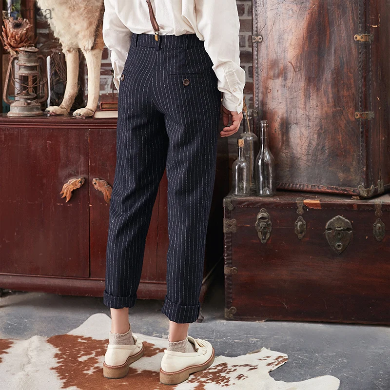 ARTKA 2019 New Autumn Winter Women Pant Retro Striped Thicken Woolen Trousers Embroidered Casual Trousers Harem Pants KA10284D