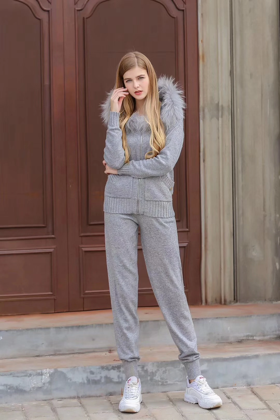 Knitted tracksuit for women Hooded Sweater Casual knitted suit Women 2 Piece set Zipper long sleeve Sporting women's suit