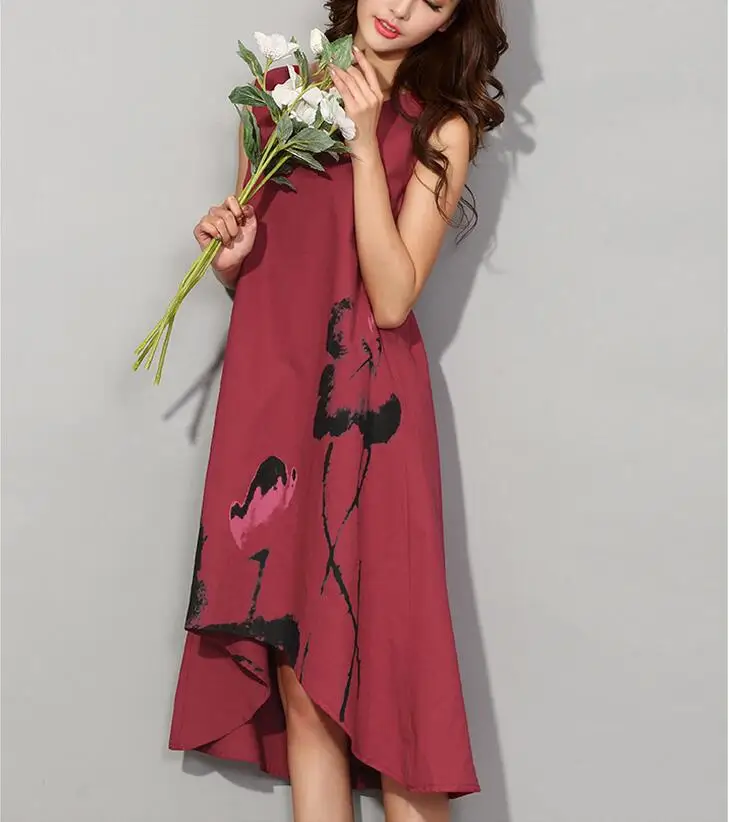 Женское платье без рукавов с круглым вырезом из хлопка и льна|vestido de festa|linen dresscotton