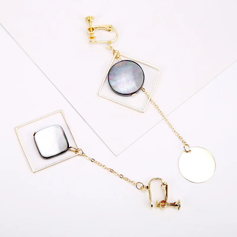 

Geometric Circle Shell Square Chain Pendant Golden Hook & Clips Asymmetrical Drop Earrings Dangle Earrings For Women