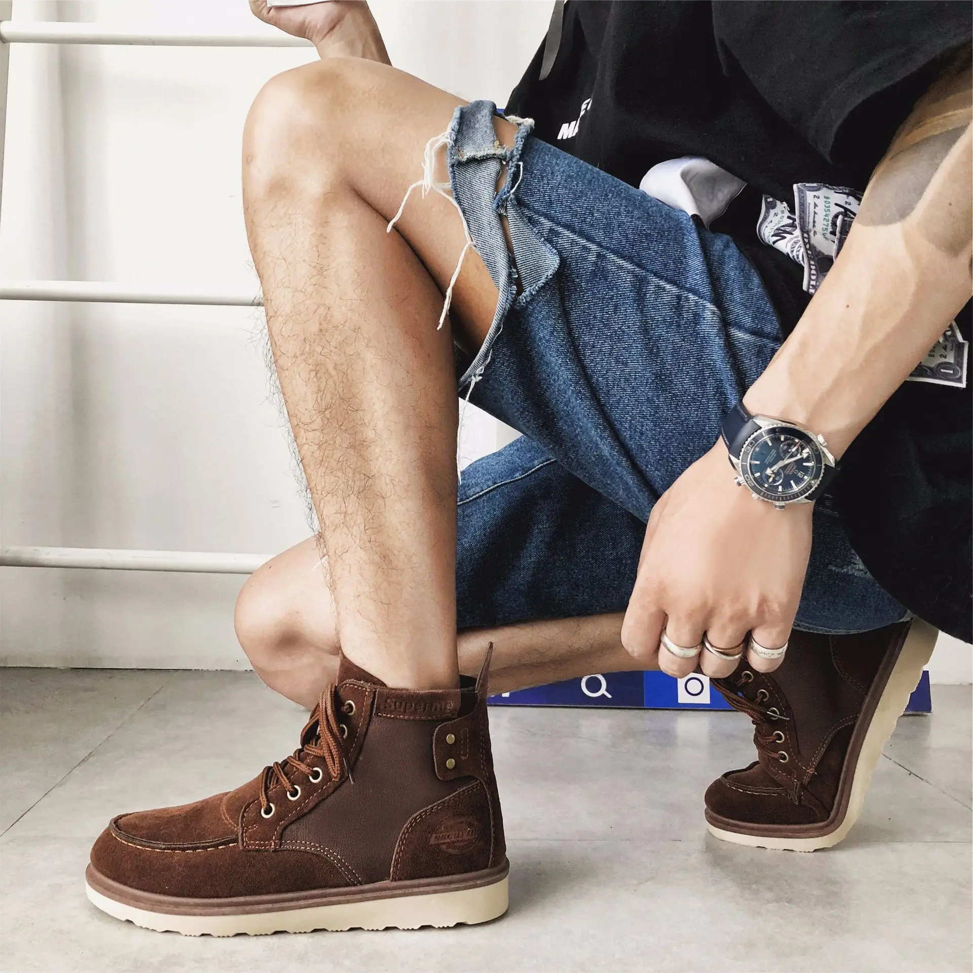 Ботинки мужские мотоциклетные с круглым носком модные однотонные Полусапоги на