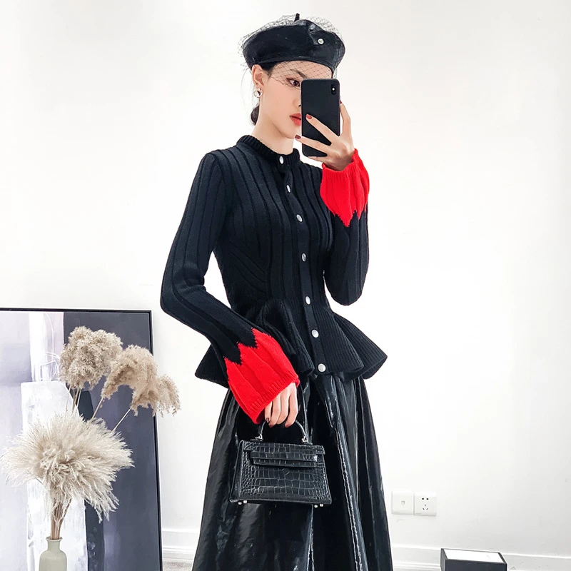TWOTWINSTYLE лоскутный хит цветов женский вязанный кардиган с расклешенным длинным рукавом и рюшами на подоле свитер женский модный джемпер осень