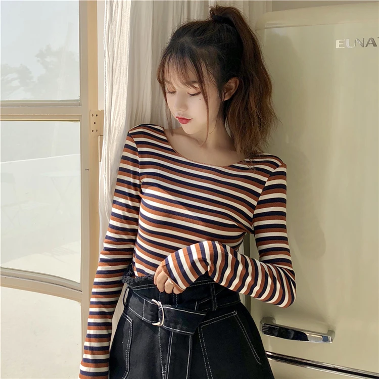 

Женская трикотажная футболка с длинным рукавом, приталенная, в полоску, в Корейском стиле, на весну, 2019