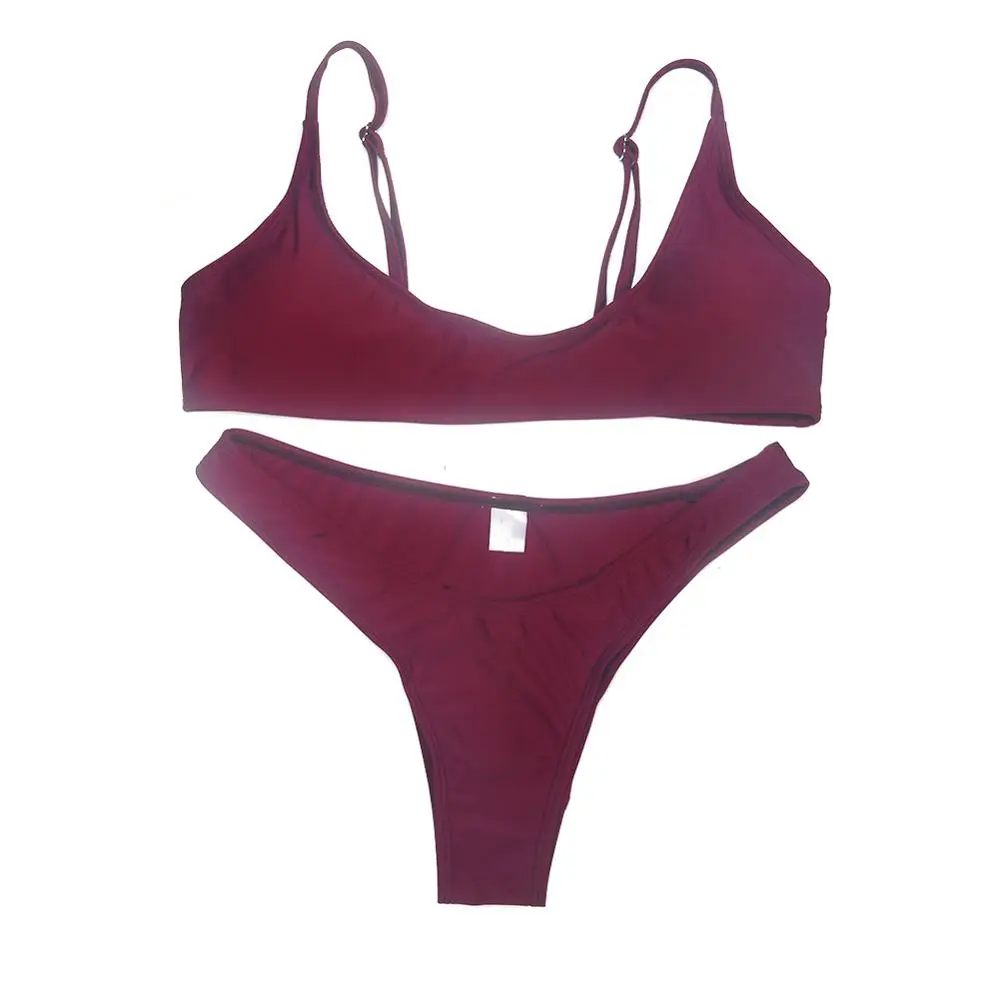 wine red 2 Новинка, летний женский Одноцветный комплект бикини, пуш-ап, бюстгальтер без подкладки, купальник, треугольный купальник, купальный костюм, купальный костюм, бикини - Цвет: wine red 2