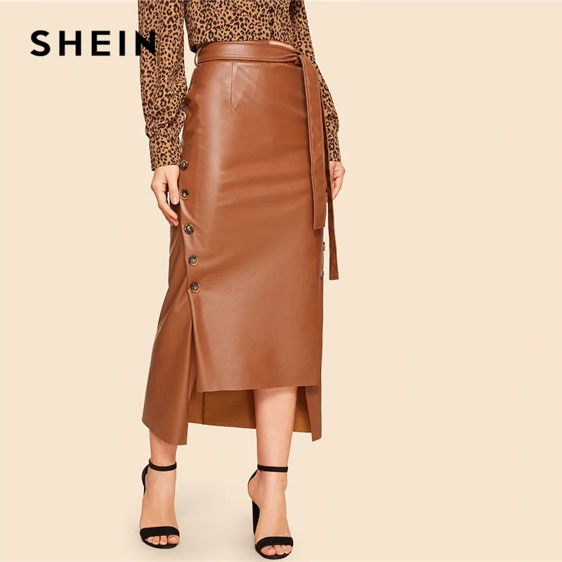 SHEIN Двубортная Асимметричная PU Юбка В Стиле 60 Х Годов С Поясом Женская Осенняя