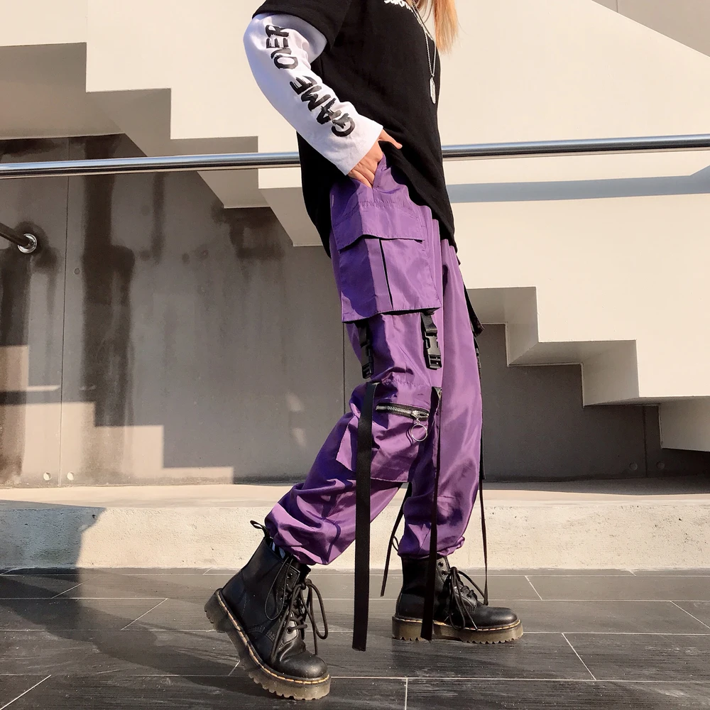 Purple Уличная Женская карго Брюки Харадзюку унисекс карман фиолетовый хип-хоп главных улиц стиль брюки женские камуфляж брюки тренд - Цвет: Purple