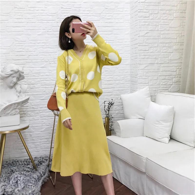 PERHAPS U women knit green gray long sleeve cardigan mid calf pencil midi skirt polka dot two pieces set elegant T0134 | Женская одежда