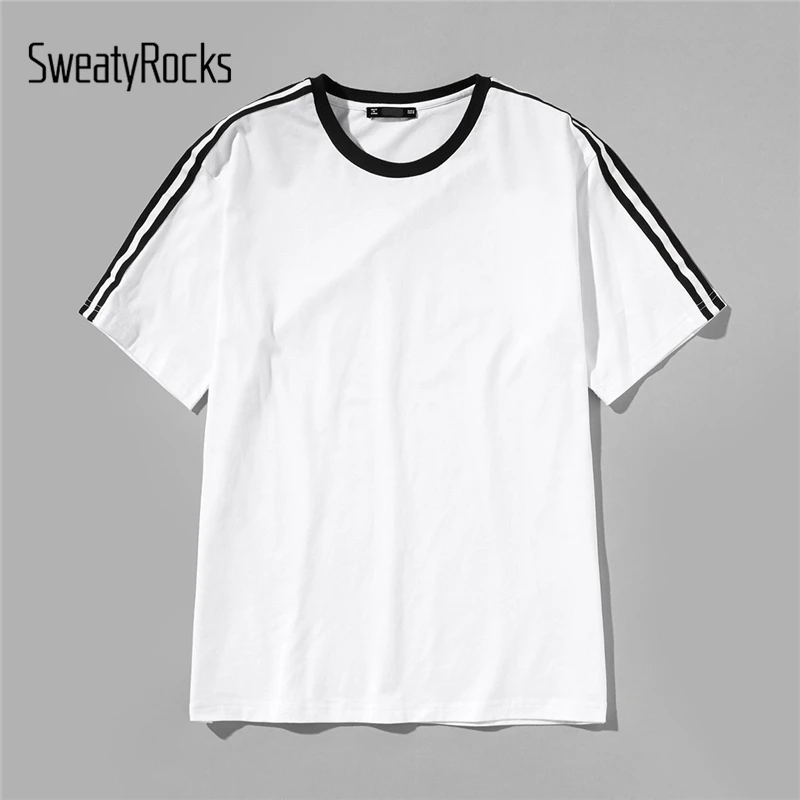 SweatyRocks, мужская полосатая футболка с боковым рукавом, уличная футболка с коротким рукавом, белая футболка, модная одежда,, летние повседневные футболки