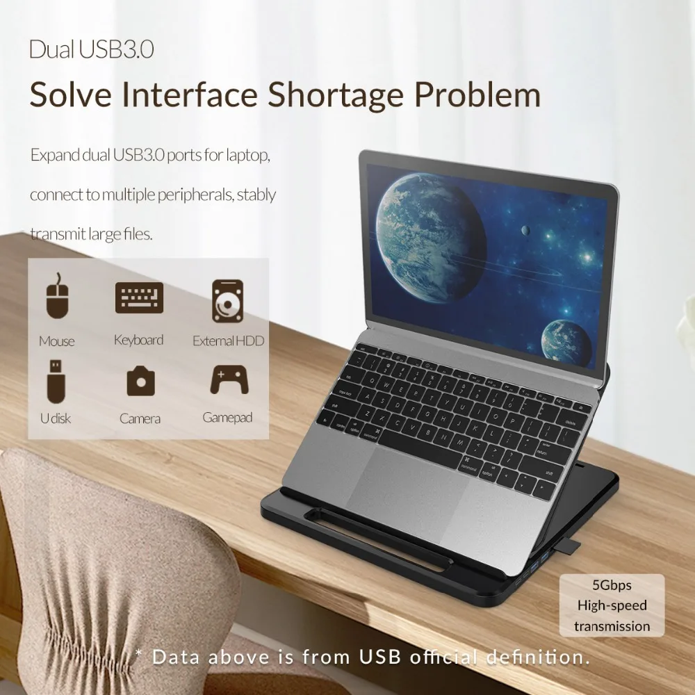 ORICO держатель для ноутбука USB-C-HDMI PD USB 3,0 концентратор SD/TF порты 7 углов Регулируемый Противоскользящий силиконовый полый теплоотвод
