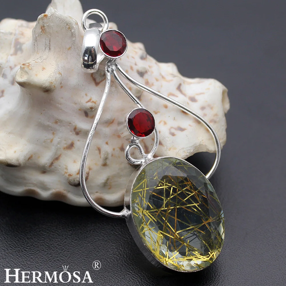 Hermosa ювелирные изделия Редкие модные золотые волосы кристалл гранат серебряный