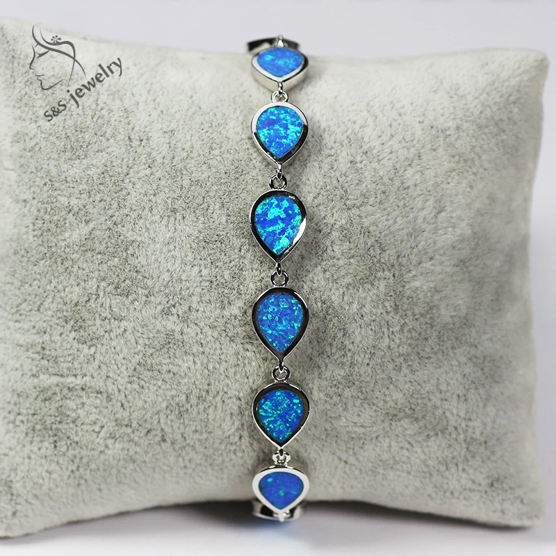 Женский браслет в виде капель воды розовый синий белый опаловый с серебряным