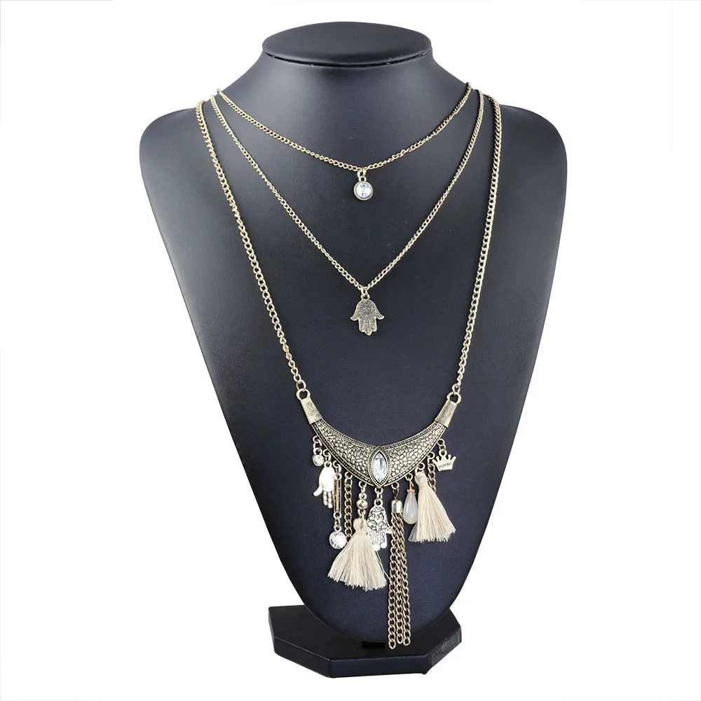 Богемное винтажное ожерелье-чокер для женщин 3 слоя длинный свитер черная