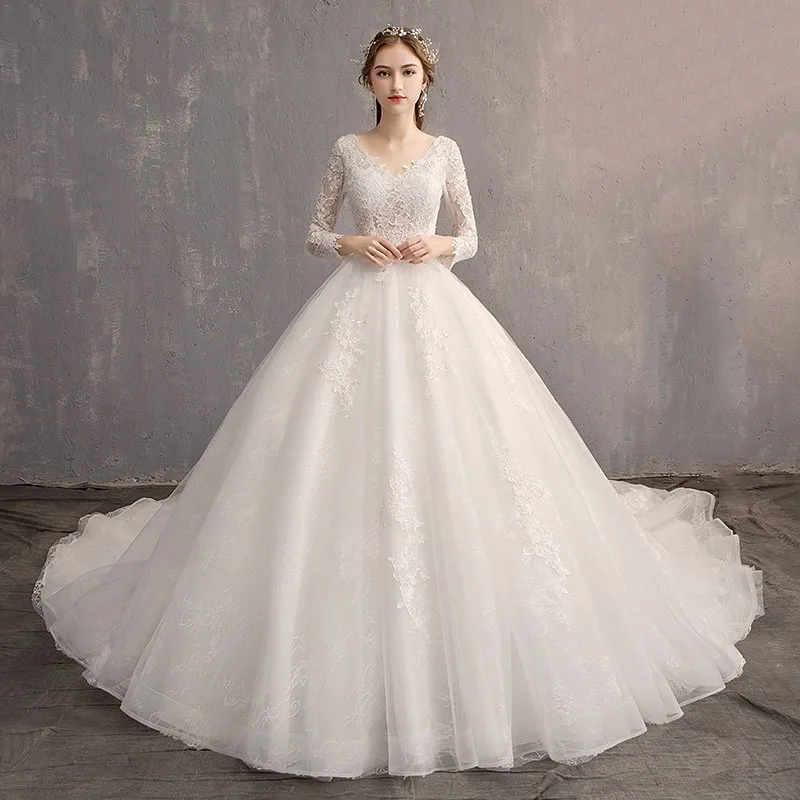 Женское свадебное платье с длинным рукавом Vestido de Noiva бальное открытой спиной и v образным вырезом большого