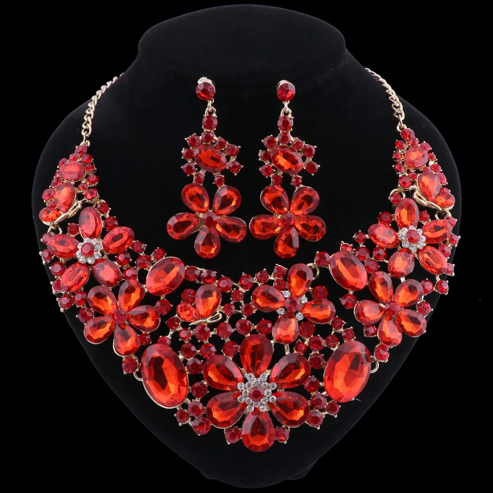 OEOEOS Gold Color Luxury Crystal Bridal Jewelry Sets Flower Shaped Rhinestone Necklace Earrings Prom Wedding | Украшения и