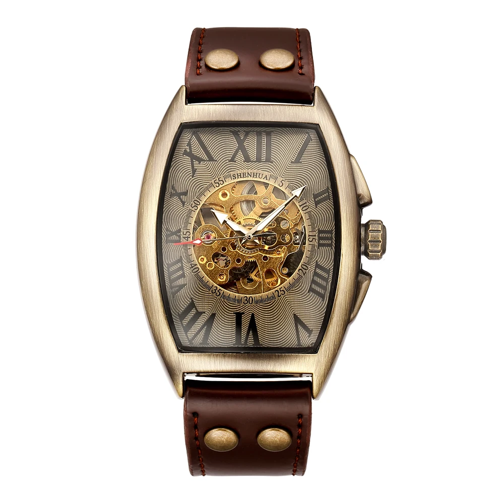 

SHENHUA Top Luxury Brand Fashion Barrel Type Leather Bronze Watch band Mens Automatic Mechanical Watch Sport Watches Male Clock