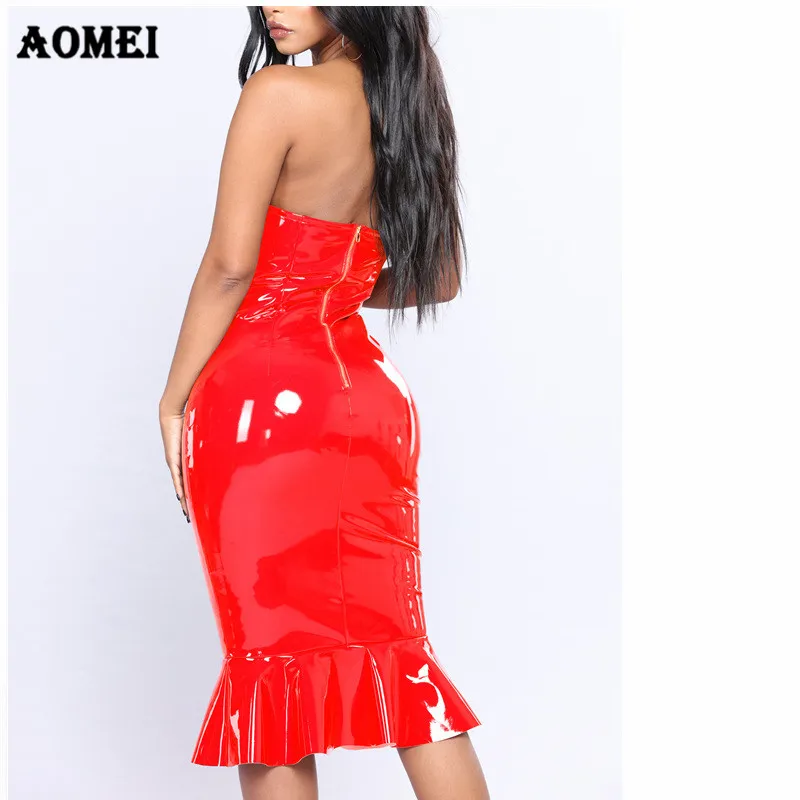 Большие размеры платье труба 2019 сексуальные ПВХ мокрого вида кожаные платья