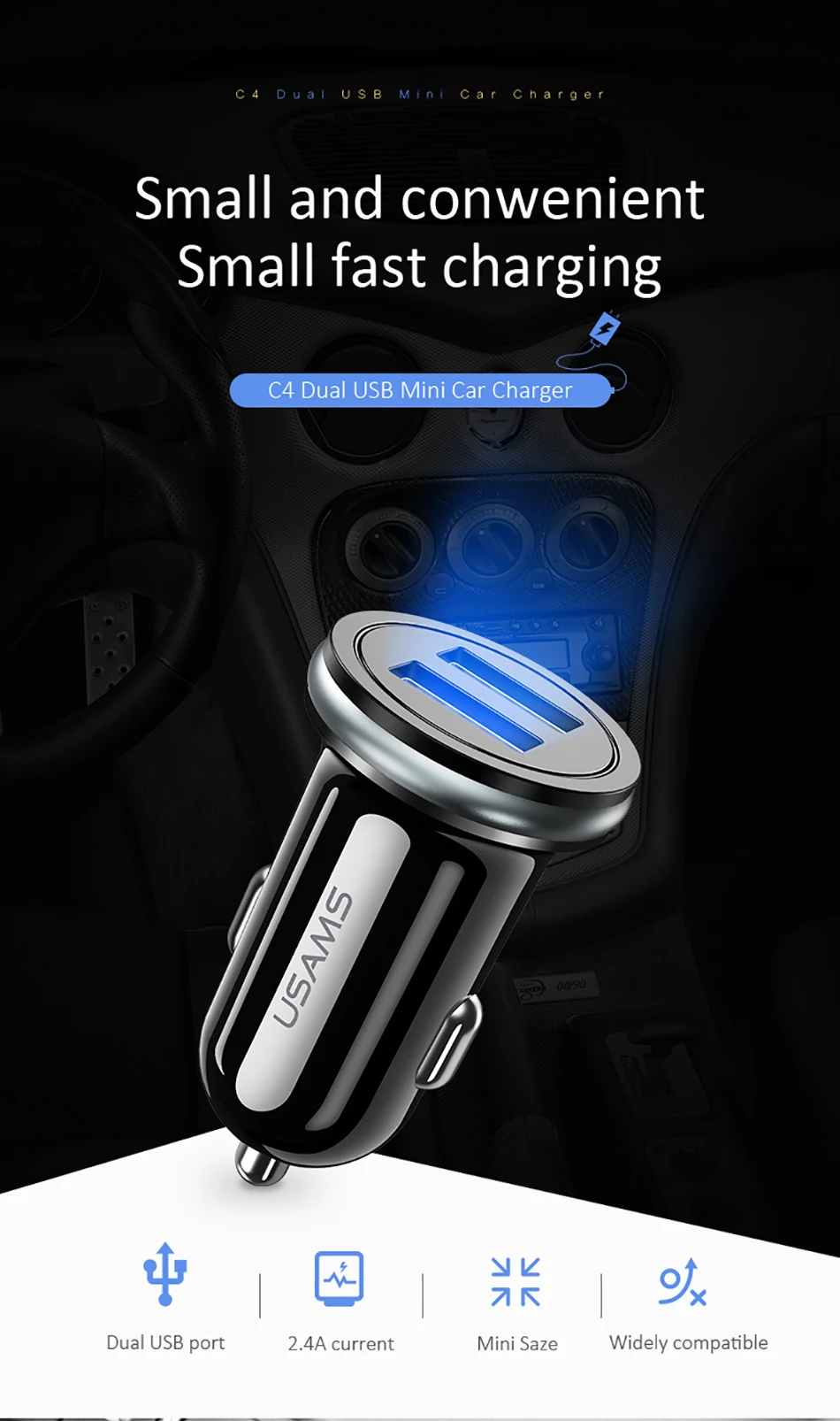 Автомобильное зарядное устройство с двумя USB, USAMS 5 В/2,4 А, зарядное устройство для мобильного телефона для iPhone X, samsung, s9, s8, Xiaomi, Мини USB адаптер, автомобильное зарядное устройство для телефона
