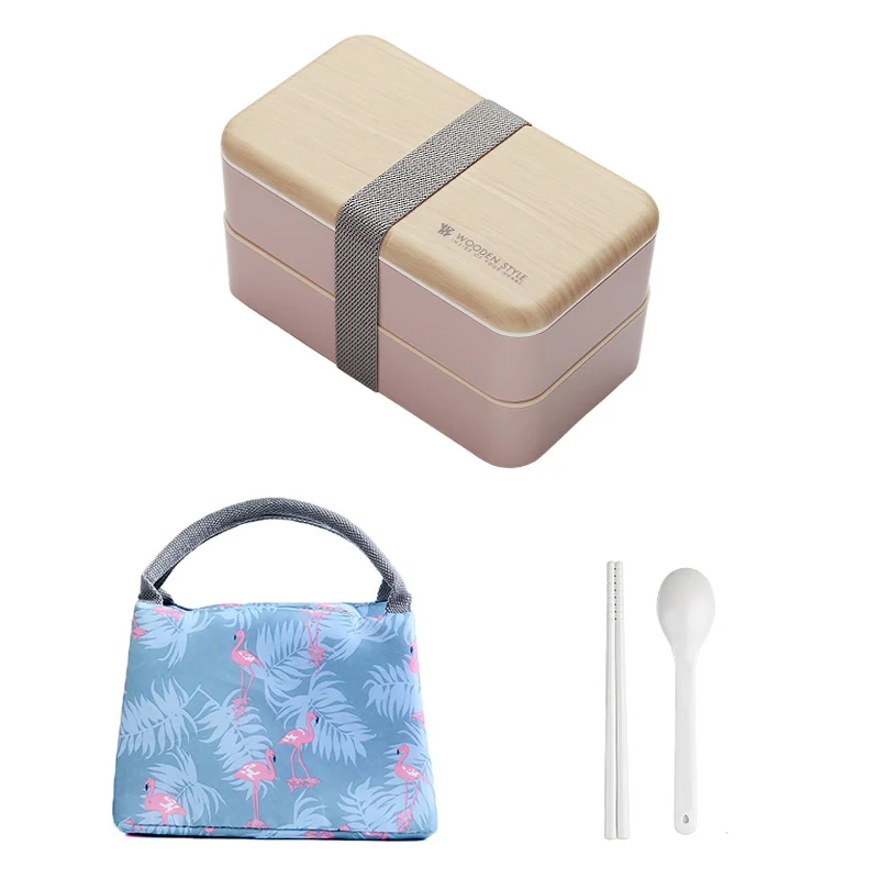 Pink-bag set TUUTH, двухслойный Ланч-бокс для микроволновой печи, 1200 мл, деревянная коробка для салата, Bento, BPA бесплатно, портативный контейнер, коробка для работников, студентов - Цвет: Pink-bag set