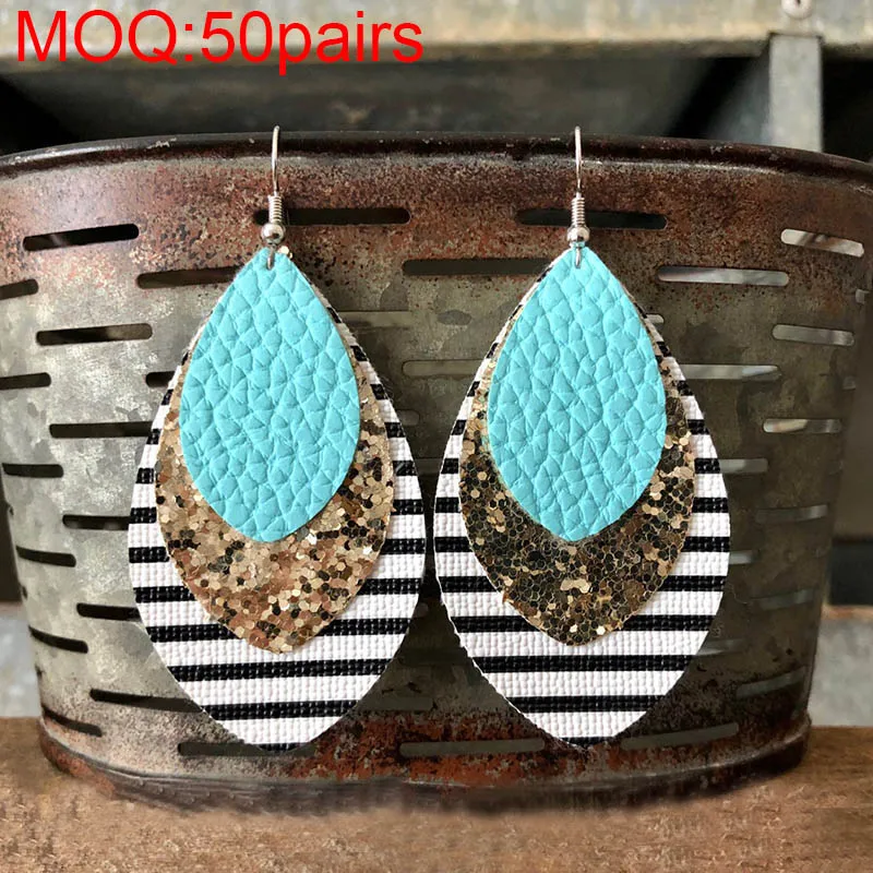 Трехслойные кожаные серьги-капли, 10 пар, один комплект, оптовый заказ, разные цвета, можно выбрать, kolczyki - Окраска металла: 04