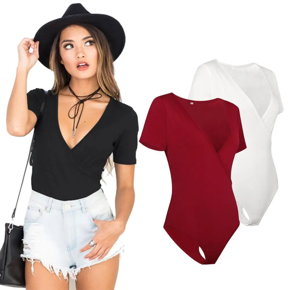 Plus Size Sexy V-Neck Bodysuit Female Fashion Harajuku Short Sleeve Solid Lady Skinny Elegant Bodysuit Women Jumpsuit D190726