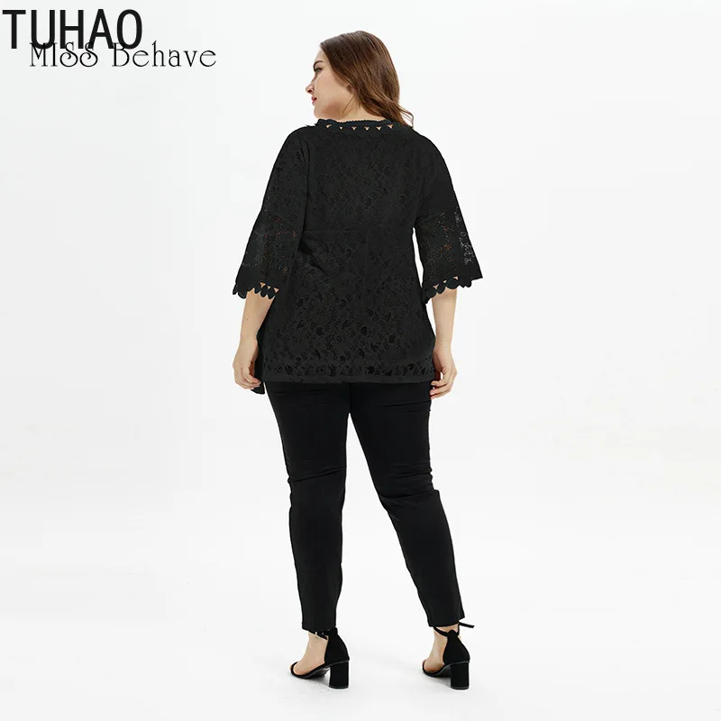 TUHAO, большие размеры, кружевная офисная блуза, женские топы, летние, Boho, с расклешенными рукавами, блузки, рубашка для женщин размера плюс 4XL 5XL, Топ BCFS
