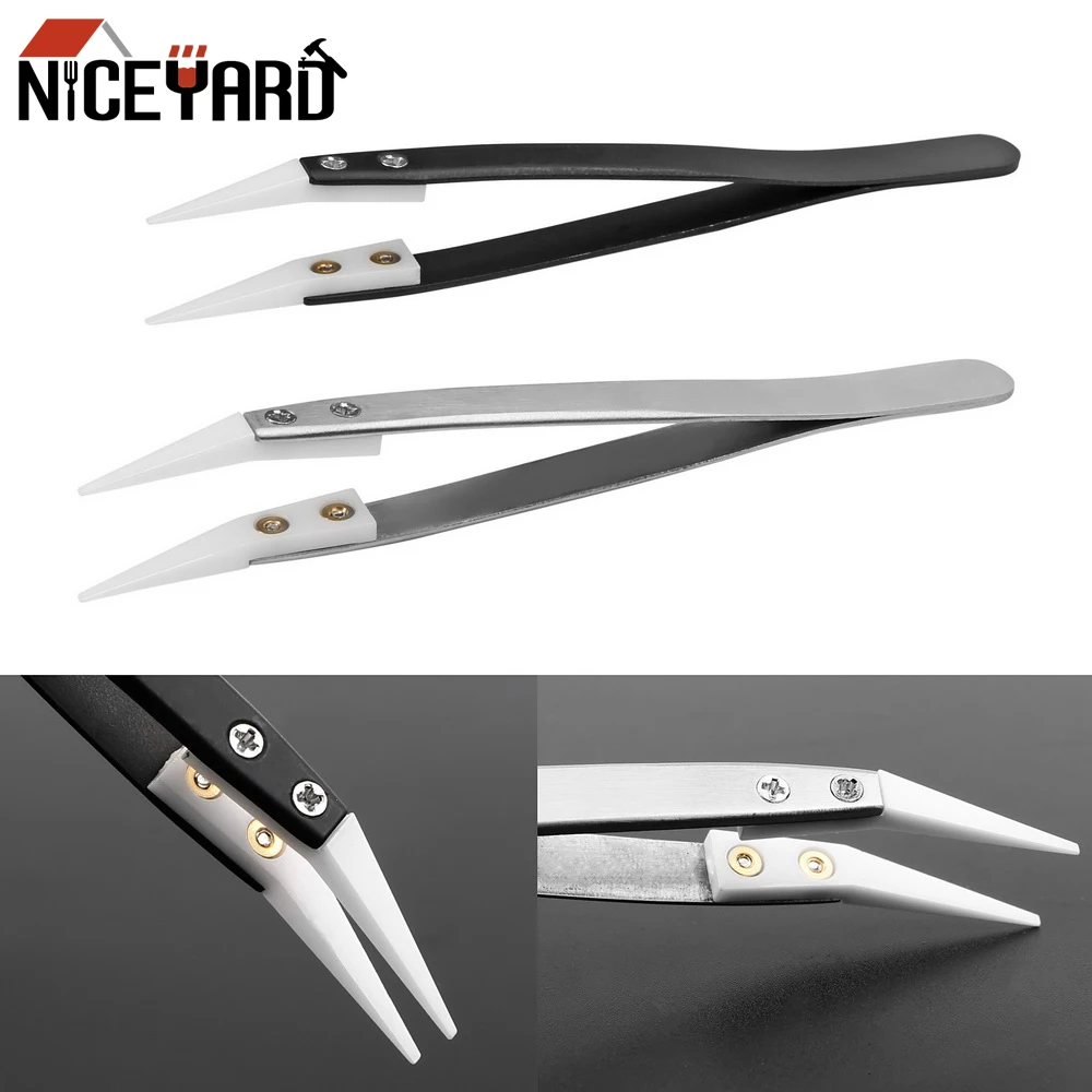 

NICEYARD High Temperature Resistance Stainless Steel Handle Repair Tool Hand Tool Curved Aimed Tweezer Ceramic Tweezers