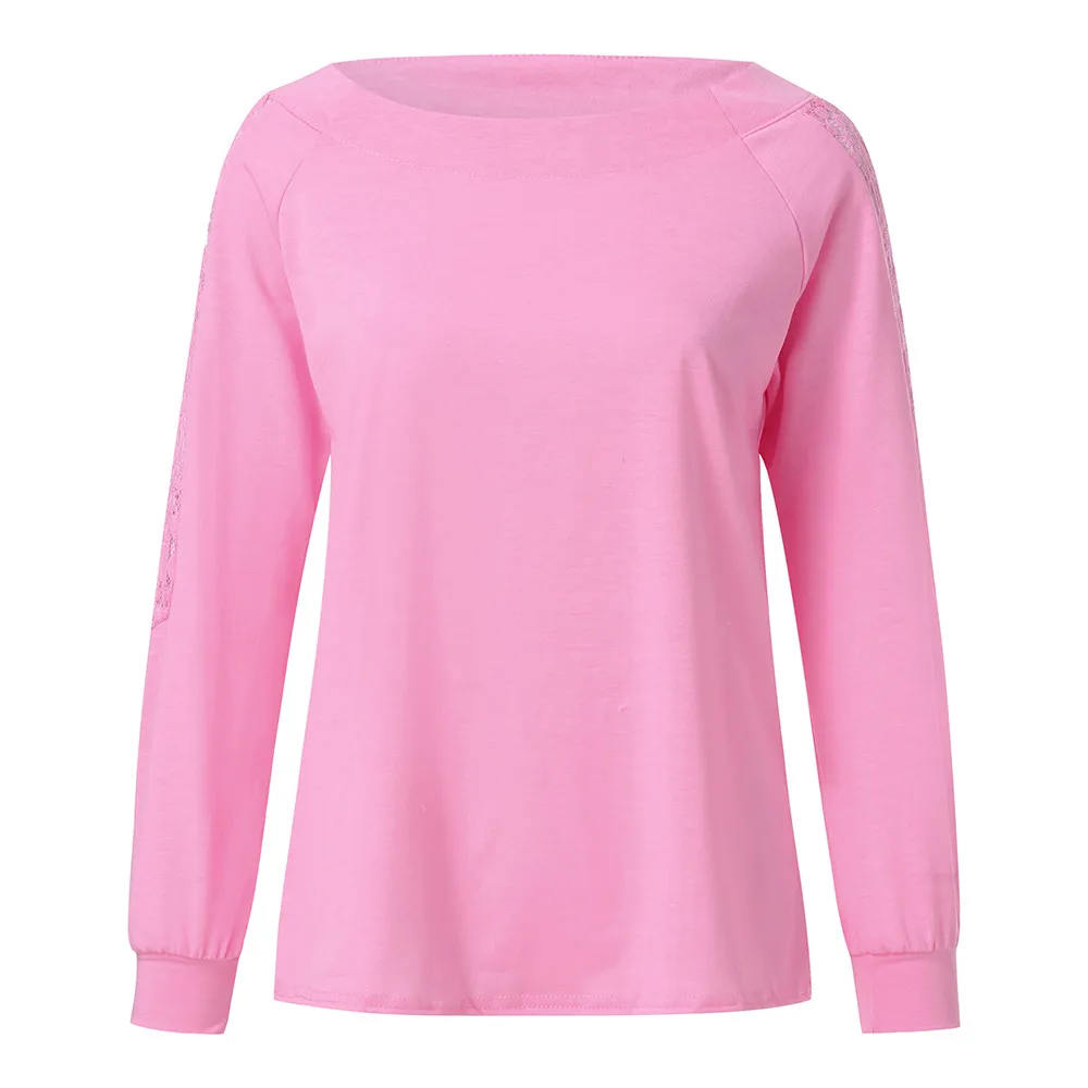 Pink Feitong, женские кружевные топы с длинным рукавом, блузки, женские одноцветные Кружевные блузы с вырезами, свободные блузки, топы, blusas mujer de moda - Цвет: Pink
