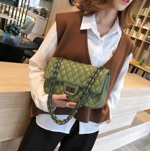 26 CM Green Новинка, модная простая Женская Большая квадратная сумка, качественная кожаная женская дизайнерская сумка для упаковки, сумка через плечо с цепочкой - Цвет: 26 CM Green