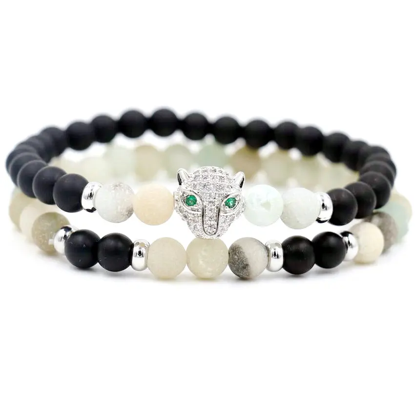 2pcs/set 6MM Amazonite Beaded Bracelet Men Women Love Micro Zircon Leopard Animal Reiki Bracelets For Couples Lucky Jewelry | Украшения и