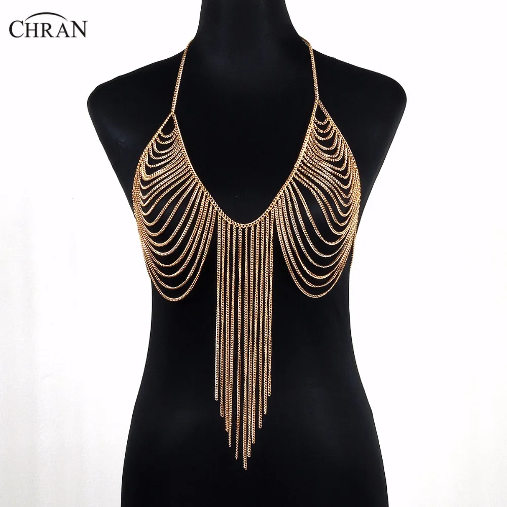 Женский бюстгальтер на цепочке Chran серебристый золотистый с цепочкой Пляжное