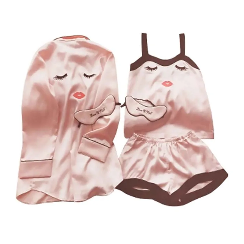 Женская шелковая атласная пижама набор из 4 предметов стежка женское белье халат