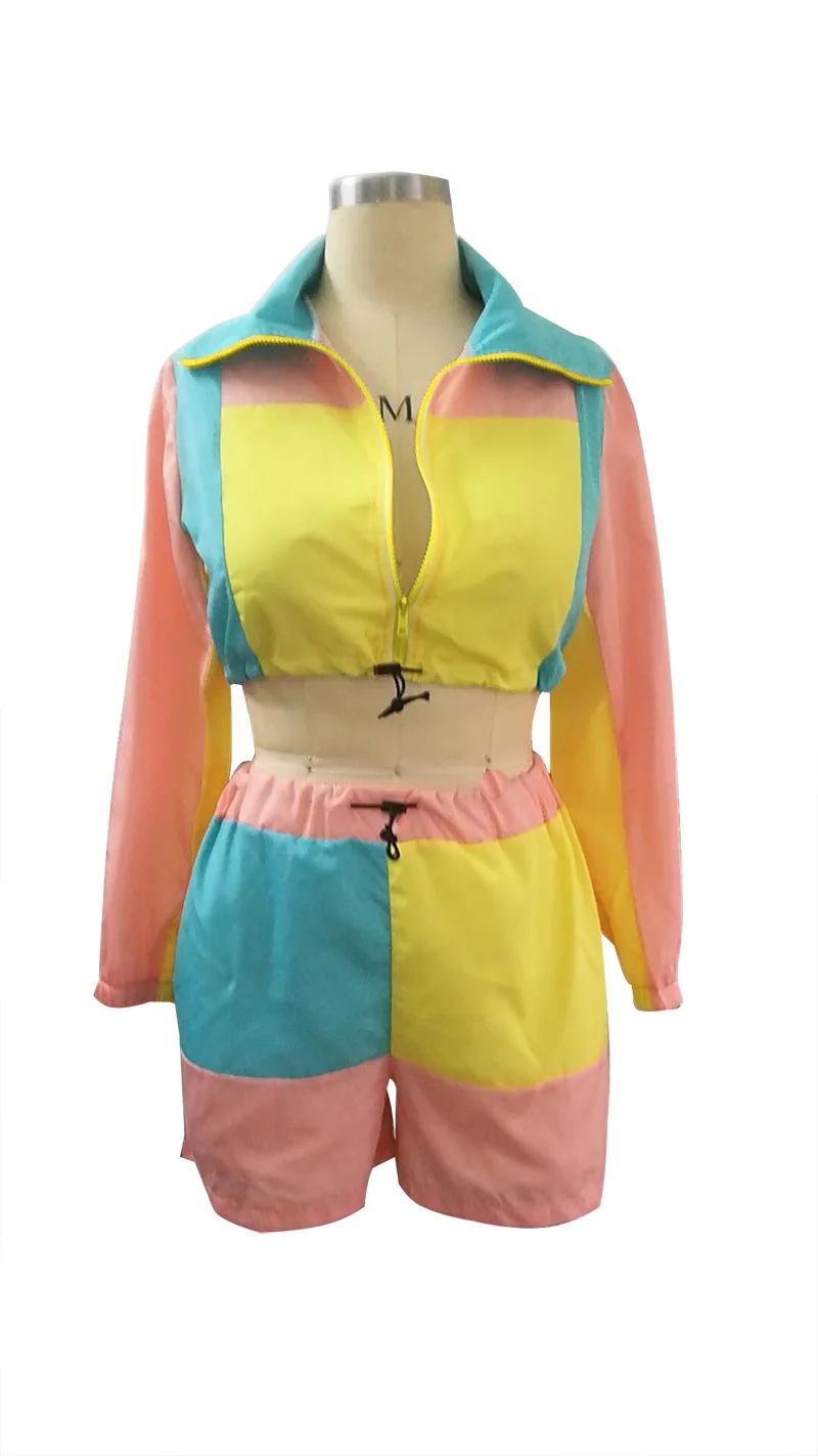 JRRY Patchwork Colors Women Tracksuits Long Sleeve Zippers Crop Top Short Pants Two Pieces Set 2 Print |