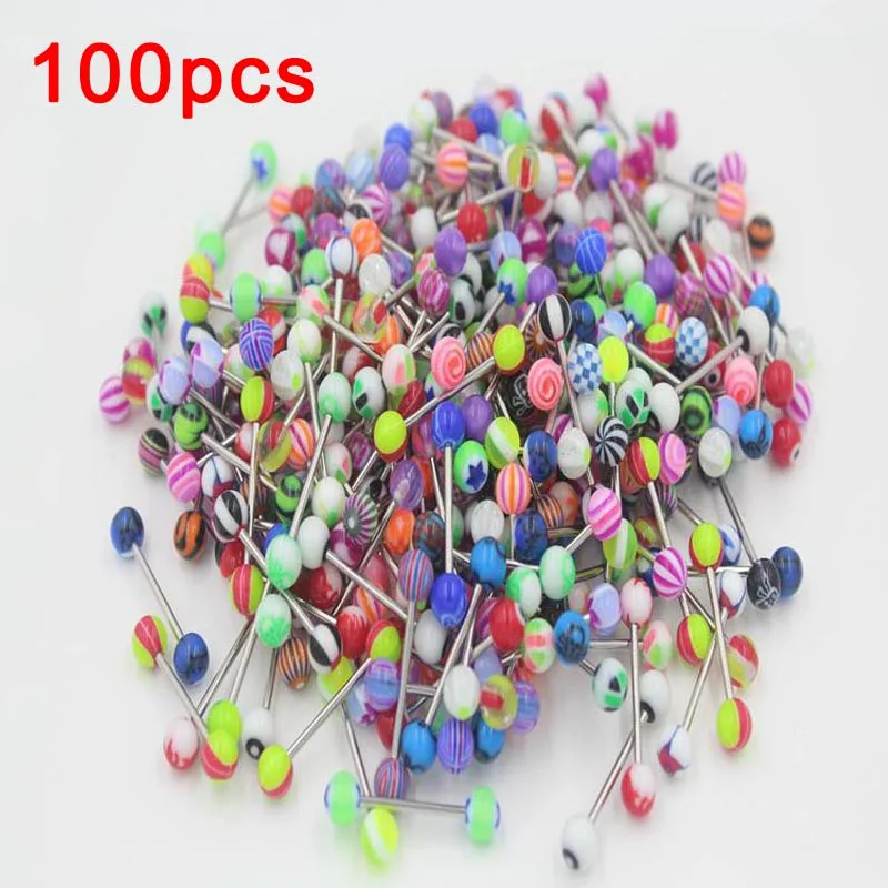 100pcs Недавно 10/20/30/50/100 шт двойной акриловый шар язык пирсинг из нержавеющей стали королевская подвеска защитной штангой(вилка, украшения для пирсинга - Окраска металла: 100pcs